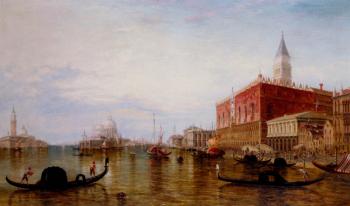 愛德華 普利切特 Pollentine Alfred Gondolas On The Grand Canal In Front Of The Doges Palace Venice